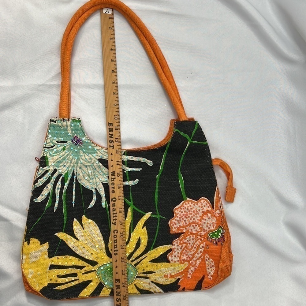 Plastic canvas floral island beach shoulder bag, sequins, rope handles zipper - Picture 5 of 8